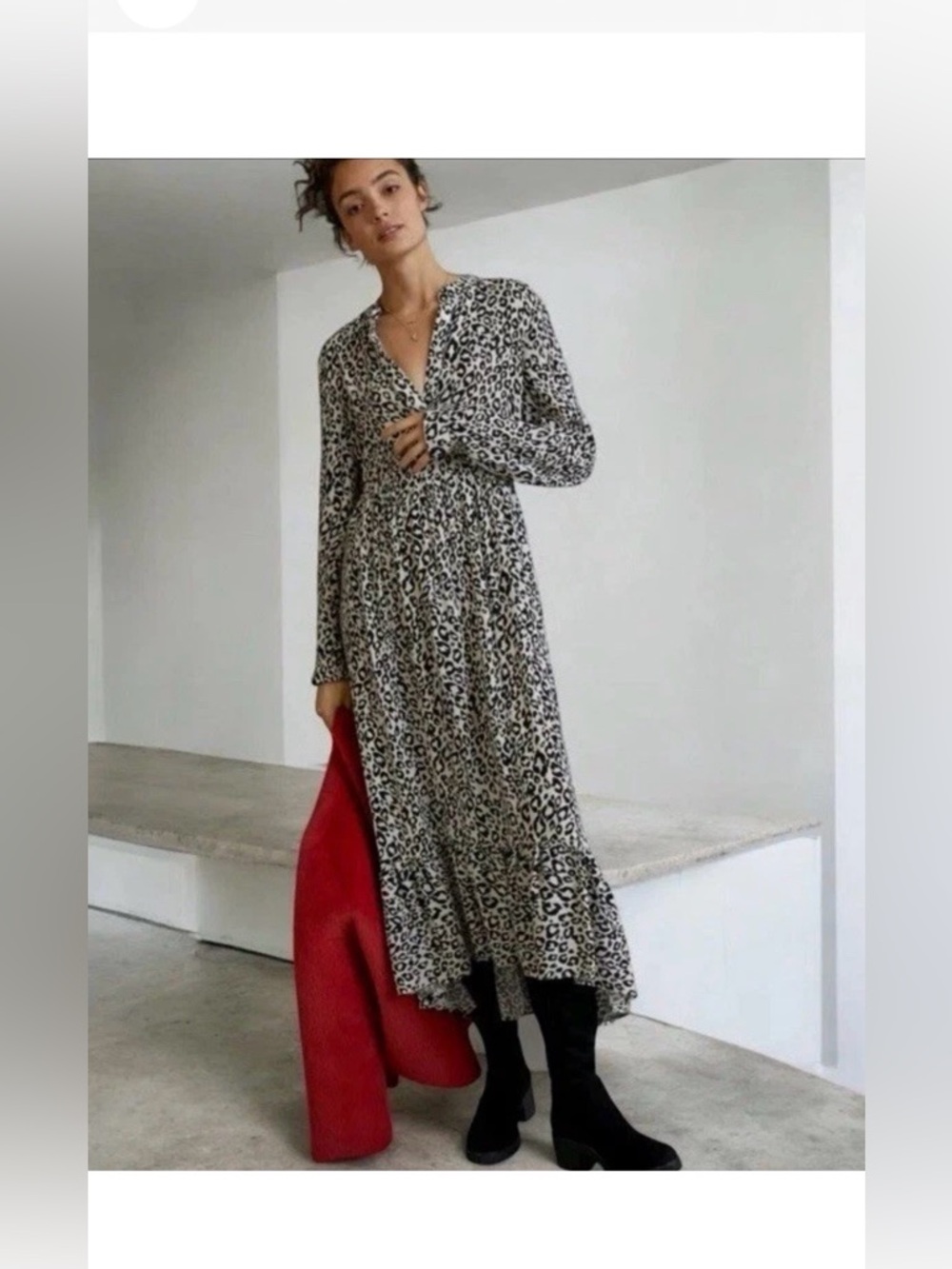 Anthropologie Mare Mare Leopard Print Long Sleeve Midi Dress - Cream/Black Med